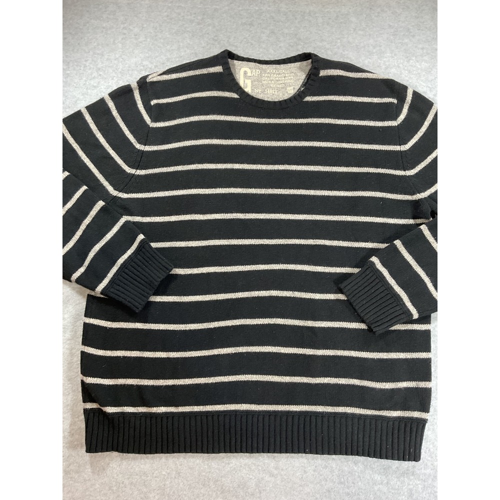 Gap Mens XXXL Tall Black Grey Striped Crewneck Knit Sweater Pullover 2126